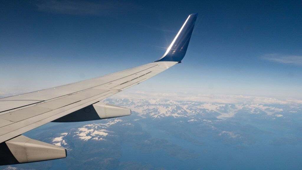 飛行機の主翼とアラスカの山々